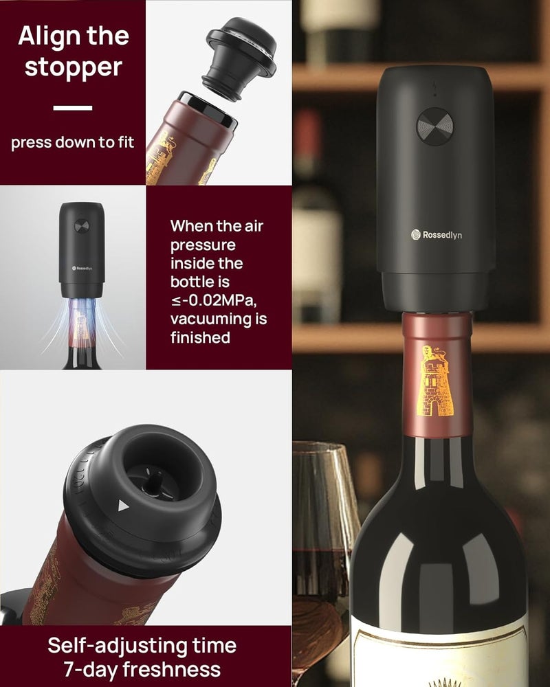 Rossedlyn Rechargeable Electric Wine Opener Gift Set - Aerator, Bottle Opener, Foil Cutter, Wine Vacuum Pump and Stoppers for Home Bar Outdoor Party - Image 5